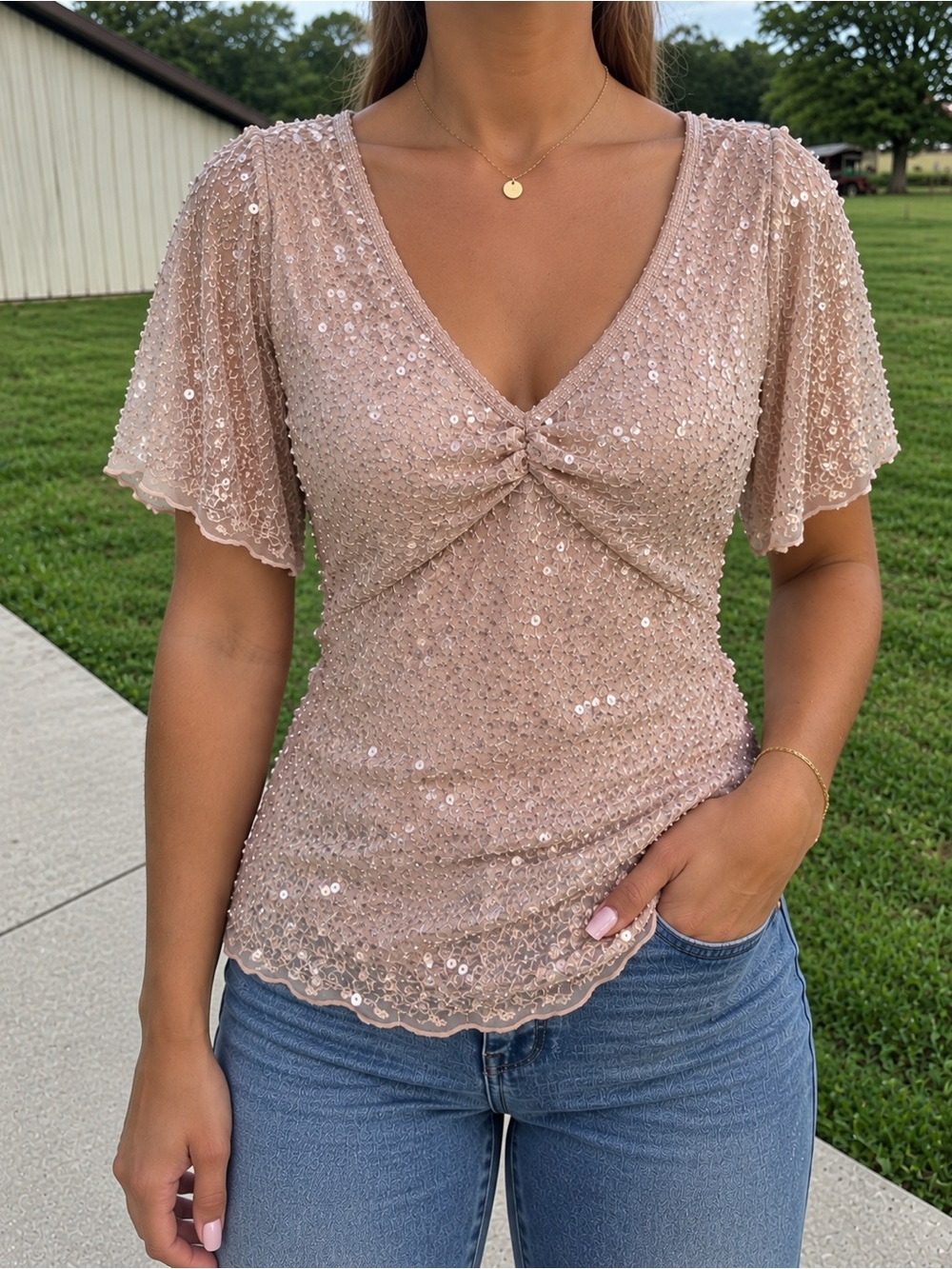 Papell Boutique Blush Sequin Lace V-Neck Top